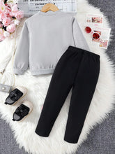 2pcs Young Girl' Adorable Cat Print Sweatshirt And Bow Decorated Pants Set, Spring And Autumn